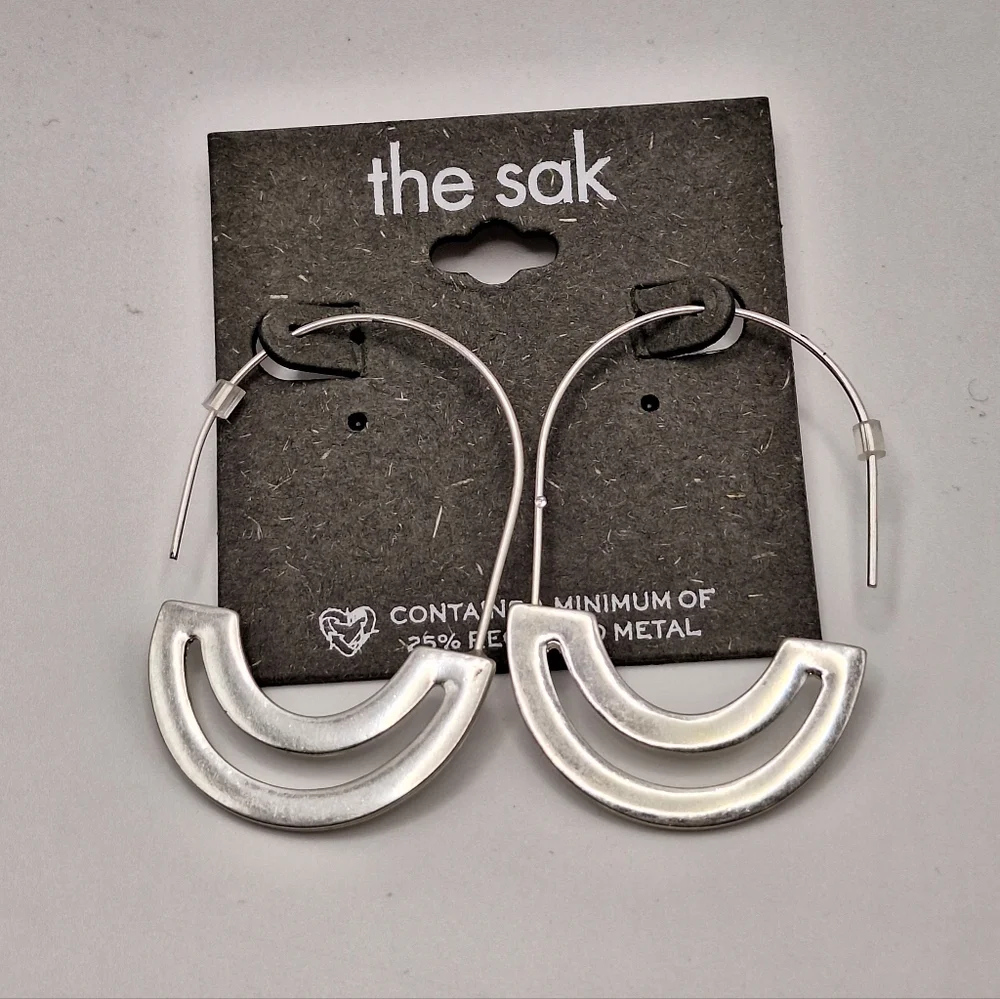 The Sak Silver Hoop Earrings | Modern Half Moon Dangle Hoops | Minimalist Style